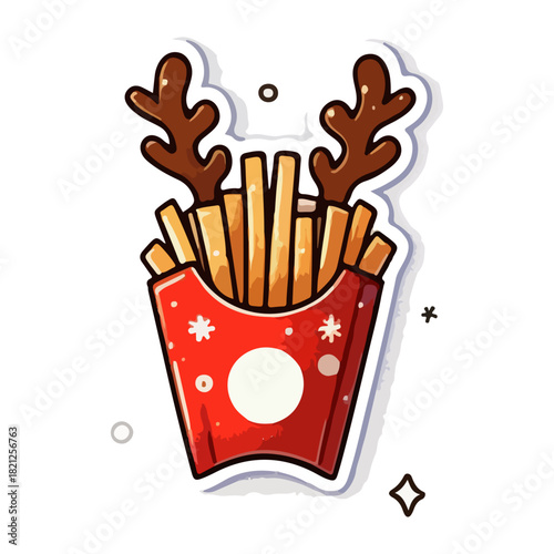 Cute Reindeer French Fries Sticker – Festive Holiday Fast Food Icon with Antlers & Snowflakes – Perfect for Social Media, Merch, and Christmas Marketing