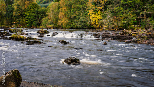 Start of the Falls of Dochart, which is a series of rapids on the River Dochart in the village of Killin, Scotland, in the Trossachs National Park
