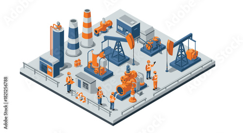 Industrial oil and gas infrastructure isometric design with workers and equipment