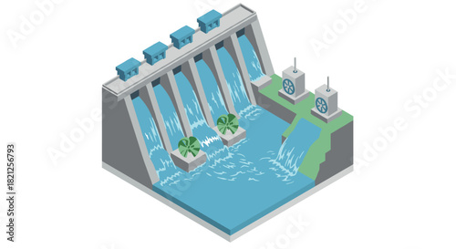 Isometric hydroelectric dam with flowing water and turbines