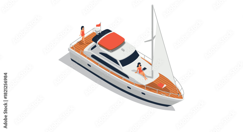 Naklejka premium Isometric yacht with relaxing people on deck - luxury boating concept