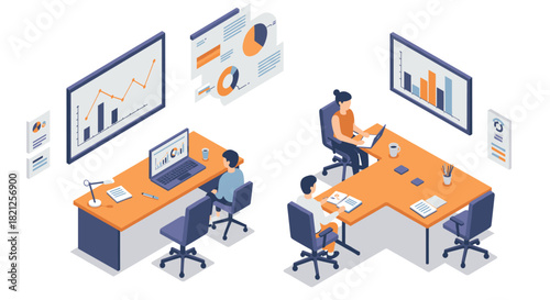 Isometric office workspace with charts and laptops for data analysis and team collaboration
