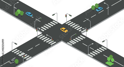 Isometric urban intersection with traffic lights and cars on crossroads