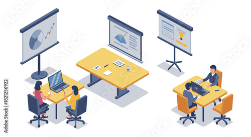 Office teams in isometric style collaborating in a modern workspace