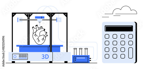 3D printer crafting a human heart, accompanied by a calculator and lab tools. Ideal for healthcare, technology, innovation, biotechnology, medical research, STEM futuristic concepts. Clean simple