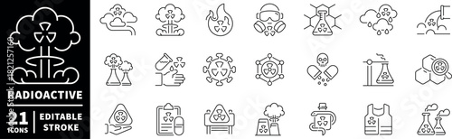 Radioactive icons set. editable line icons, linear, hazard and warning symbols