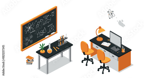Modern classroom science lab with isometric furniture and atomic theme