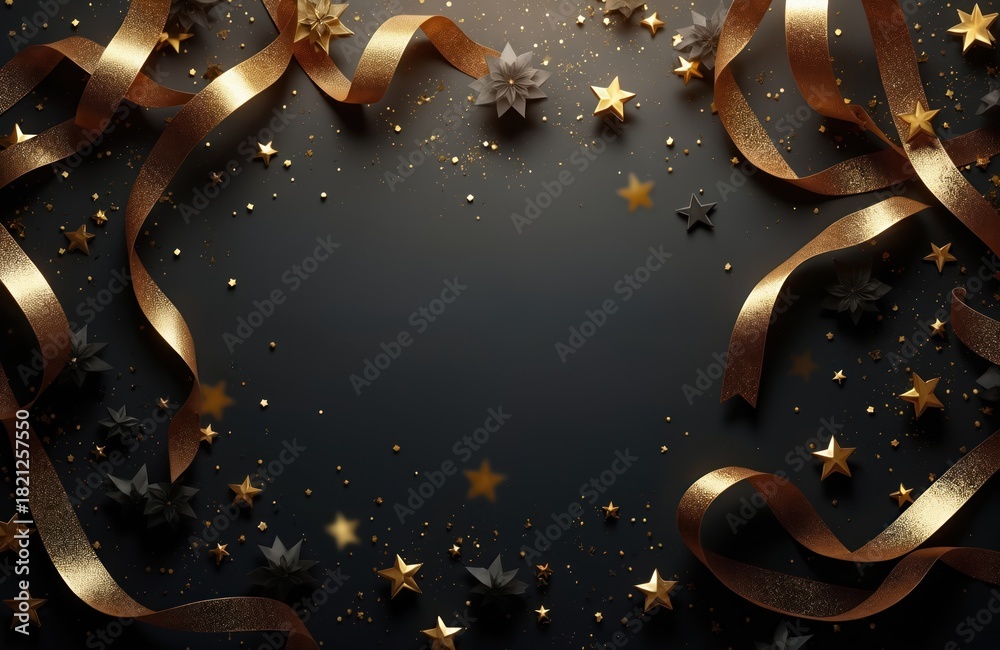 Naklejka premium Gold ribbons and stars scattered on dark background. Celebration elements like confetti and decorative shapes create festive atmosphere for events and parties.