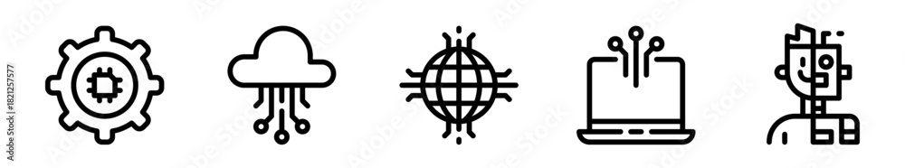 Fototapeta premium Pack de iconos de transformación digital. Engranaje con chip, nube conectada, globo global, laptop y humano híbrido robótico. Diseño vectorial lineal