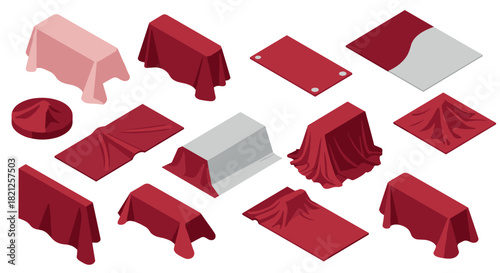 Isometric red and pink tablecloth collection on flat surfaces