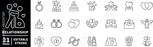 Relationship icons set. editable line icons, outline, love and wedding symbols