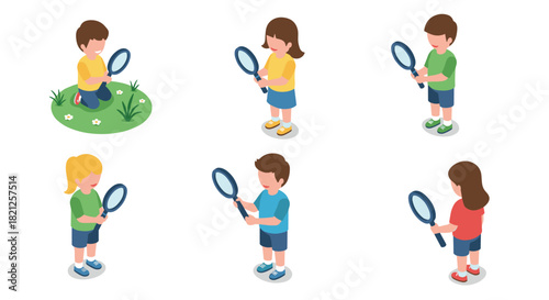 Children exploring with magnifying glasses in isometric style