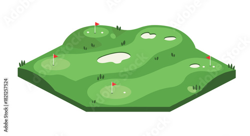 Isometric golf course design with flags and green hills