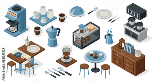 Isometric coffee shop essentials with machines, cups, and furniture