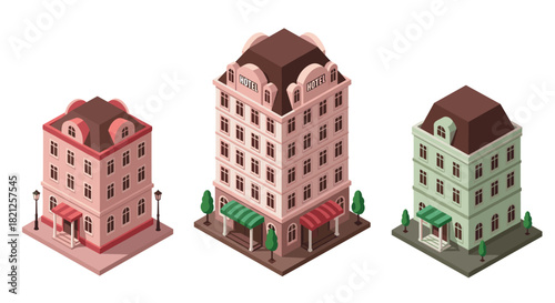 Charming isometric hotel buildings with vintage architecture and colorful awnings