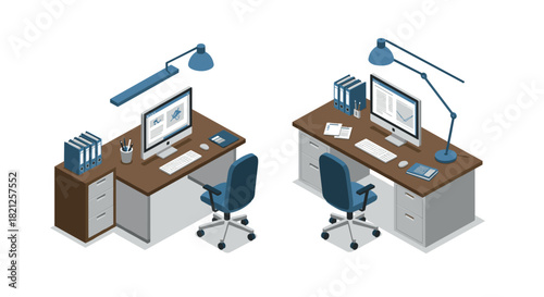 Isometric office workspace with desks and computers in minimalist style