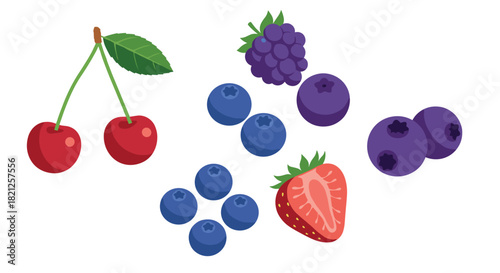 Colorful berry collection with cherries, blueberries, strawberries, and grapes in flat design