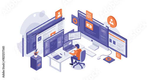 Efficient web development in a modern office with isometric design