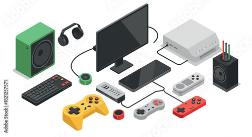 Retro gaming electronics in isometric style featuring console and accessories