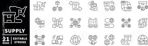Supply chain icons set. editable line icons for delivery and logistics projects