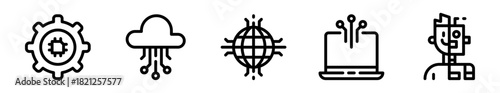 Pack de iconos de transformación digital. Engranaje con chip, nube conectada, globo global, laptop y humano híbrido robótico. Diseño vectorial lineal
