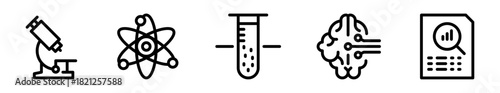 Pack de iconos de investigación científica. Microscopio, átomo, tubo de ensayo, cerebro conectado y reporte analítico. Diseño vectorial lineal