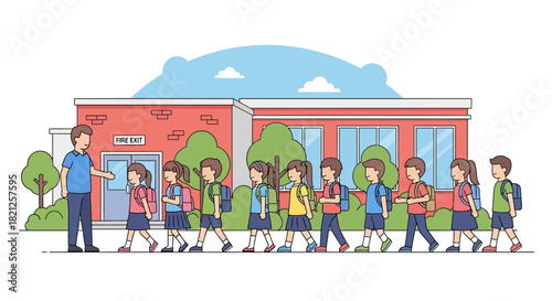 Teacher leads line schoolchildren with backpacks in front school building, illustrating typical school day or educational setting