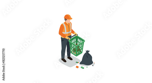 Construction worker disposing trash in recycling bin isometric style