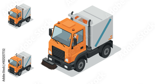 Isometric orange street sweeper truck on white background