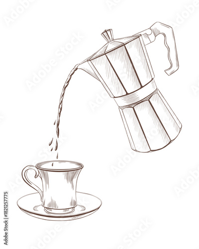 Elegant Turkish coffee cup being filled from a metal cezve.Dynamic monochrome illustration with ink splashes and fine lines.For coffee branding,packaging, and cook book