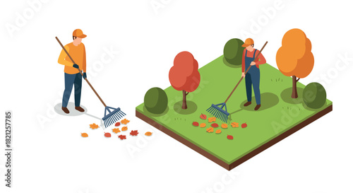 Isometric autumn gardening: people raking leaves in park scene