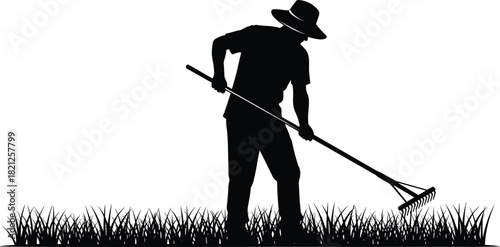 Silhouette of a Man Raking Grass in a Yard, Agricultural Labor, Gardener Working with a Tool, Yard Maintenance, Spring Cleanup, Lawn Care Concept, Outdoor Work, Black and White Vector