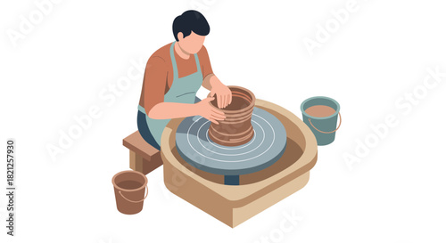 Isometric pottery craftsman at work with wheel and clay buckets