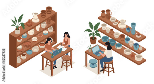Cozy ceramic workspace with shelves of pottery and women working on laptops in a modern isometric design