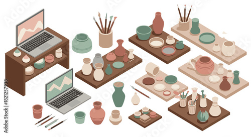 Creative isometric art studio with pottery and laptops in earth tones