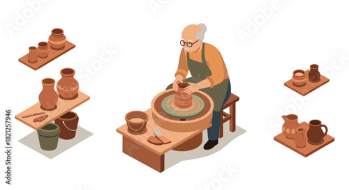 Isometric pottery workshop with elderly potter and handmade ceramic creations