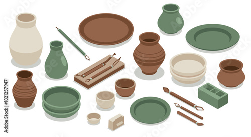 Isometric pottery crafts collection with ceramic tools and vases in earthy tones
