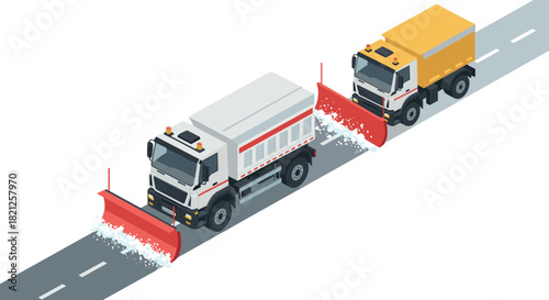Snowplow trucks clearing road in isometric winter scene