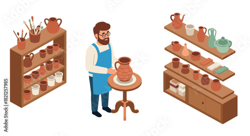 Isometric potter crafting clay ceramics in studio with shelves of pottery and art supplies