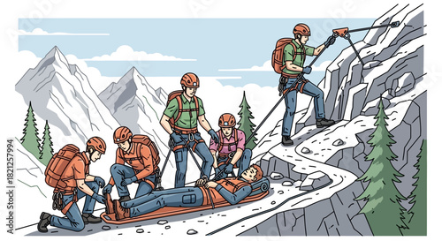 Emergency rescue operation in progress as team rescuers attends to an injured person lying on stretcher on mountain trail, with one rescuer securing ropes on cliff