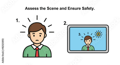 Depicting twostep process for assessing scene and ensuring safety, showing person with radiating lines and screen displaying similar person with sun icon