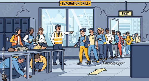 An evacuation drill in progress at school, with students and teacher calmly lining up to exit while others practice ducking under desks during simulated emergency