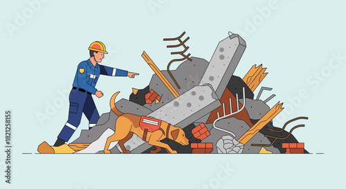 Search and rescue worker with dog searching through rubble and debris after disaster, pointing towards something
