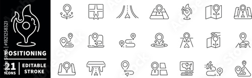 Positioning icons set. editable line icons, location, navigation, mapping designs