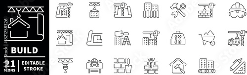 Construction and building icons set. editable line, outline, architecture, tools