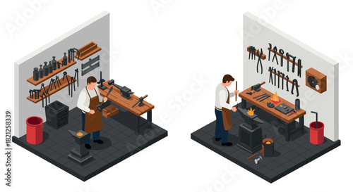 Isometric workshop scene with artisan and blacksmith tools in action
