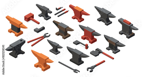 Isometric blacksmith tools collection with anvils and hand tools