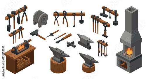 Isometric blacksmith tools and forge set with anvil, tongs, hammer, and firep…