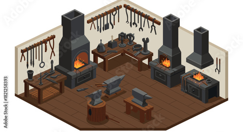 Isometric blacksmith workshop: tools and forges in a vintage crafting worksho…