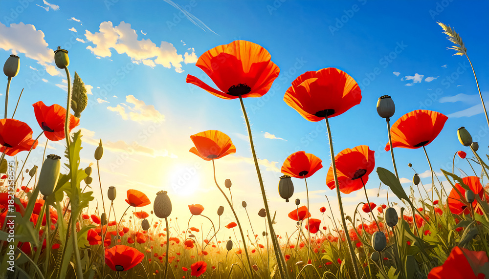 Obraz premium The stems of beautiful poppies blooming in the steppe, when viewed from below, sway in the wind, creating a sense of movement, wallpaper
